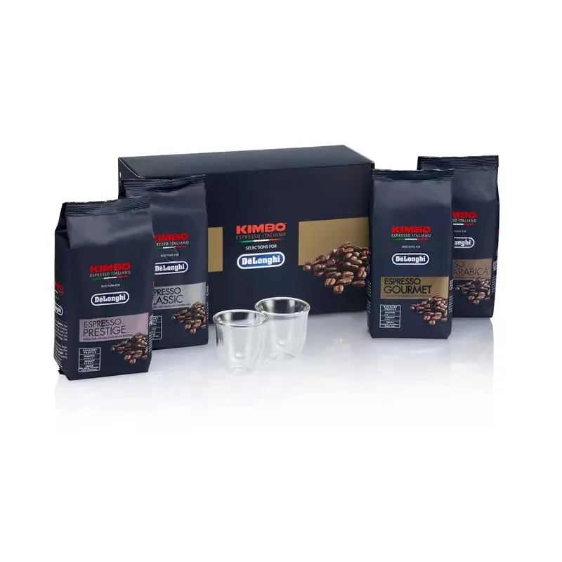 DeLonghi Kit de dégustation de café Kimbo 4 x 250 g, et deux verres à café Espresso DLSC316